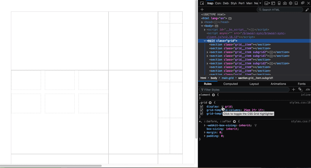 使用Firefox 网格检查器调试 CSS网格布局